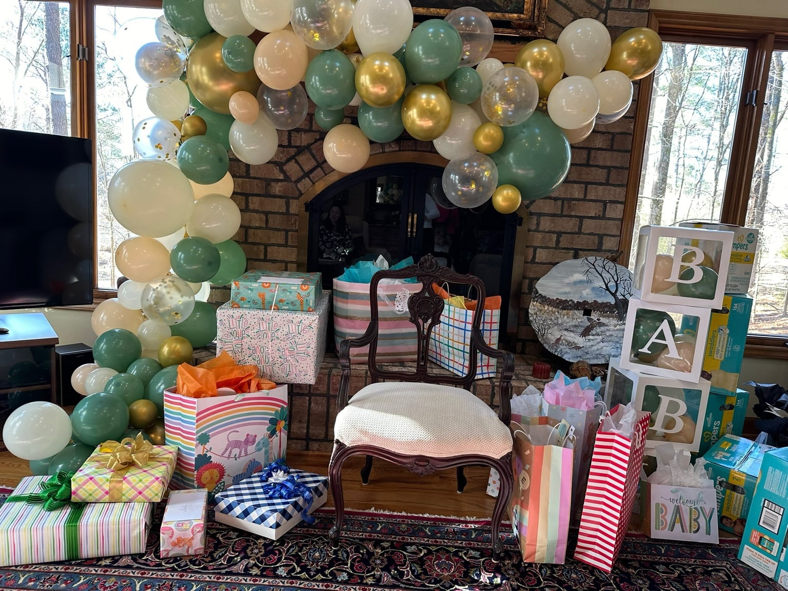 A custom Pink Porch balloon installation for a baby shower