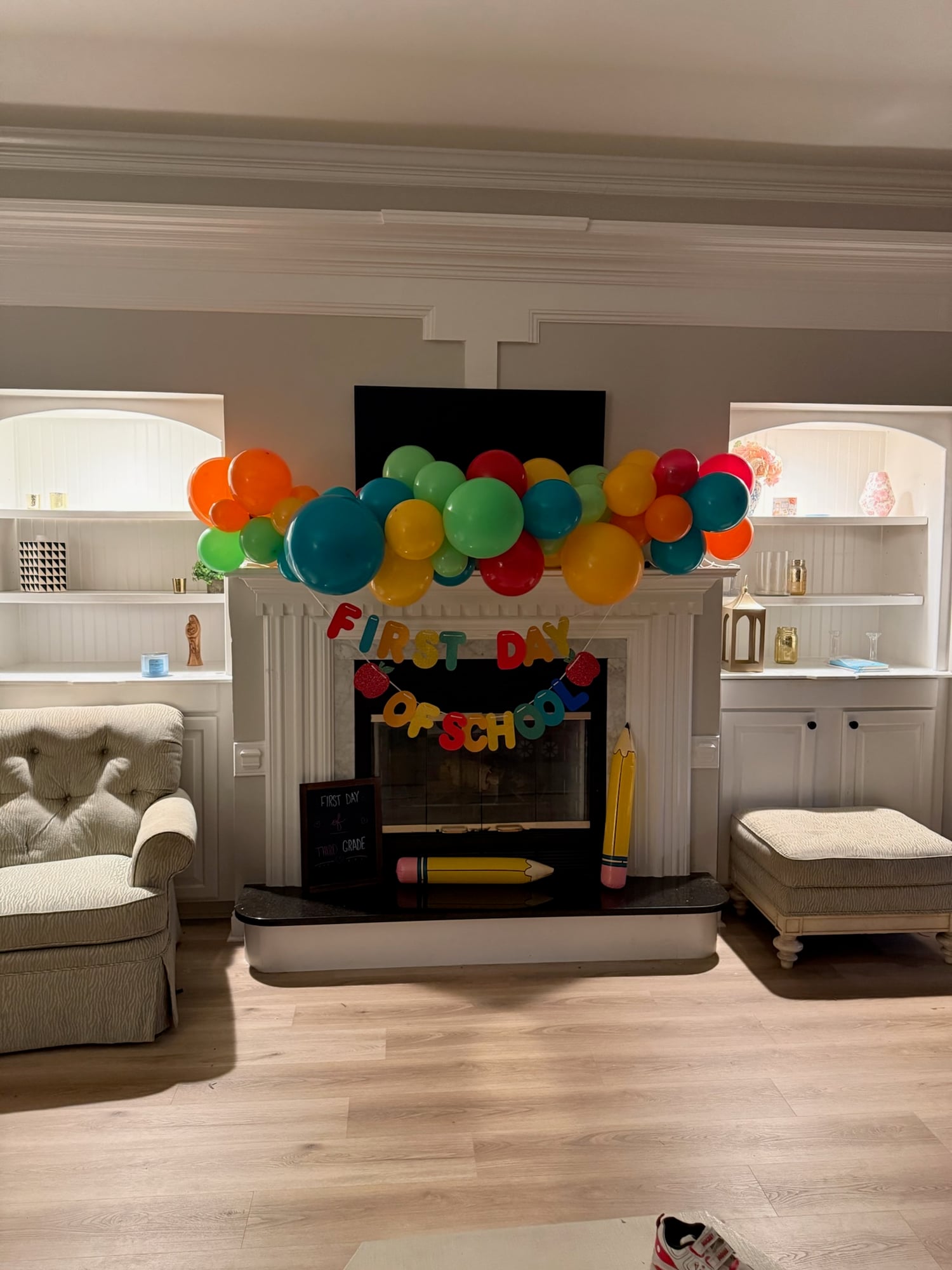 Colorful balloon garland for a first day of school celebration