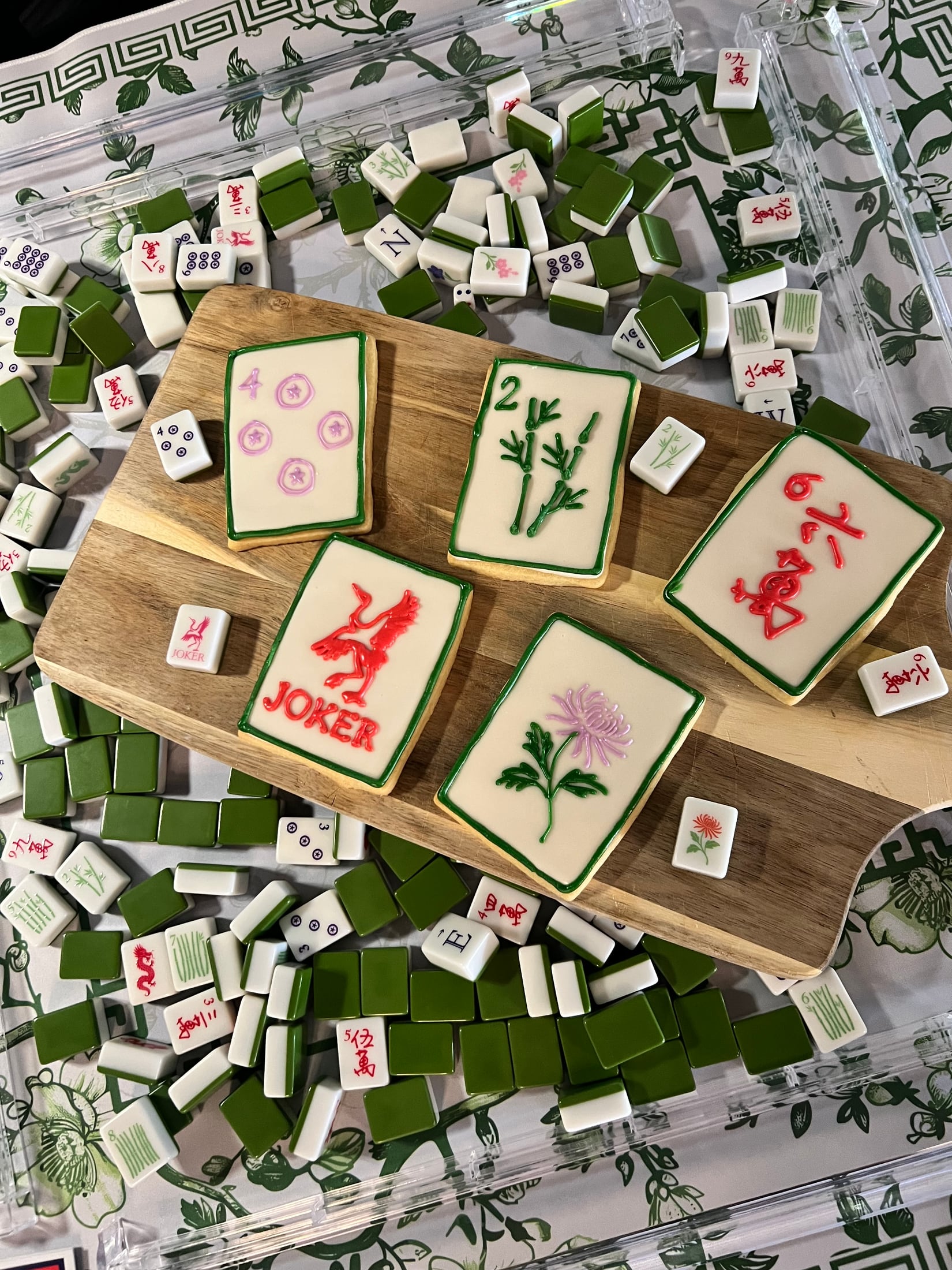 Mahjong tile cookies and game pieces